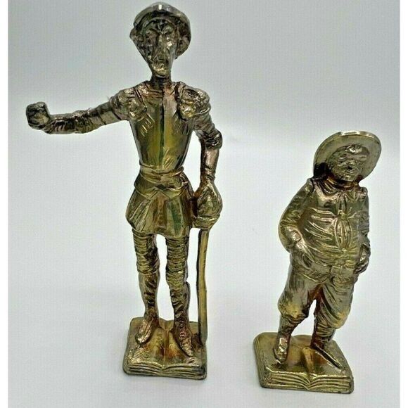 Don Quixote & Sancho Panza Figurines Pair Metal Standing On Open Book VINTAGE - Picture 1 of 11